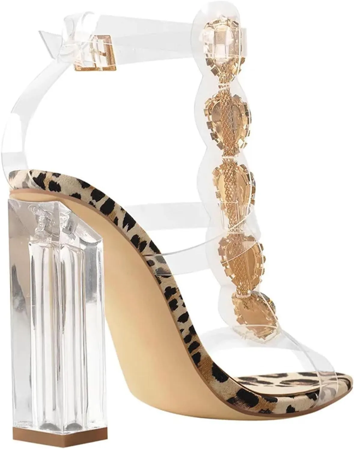 Women's Peep Toe Gladiator Sandals - Clear Chunky Heels with Rhinestones