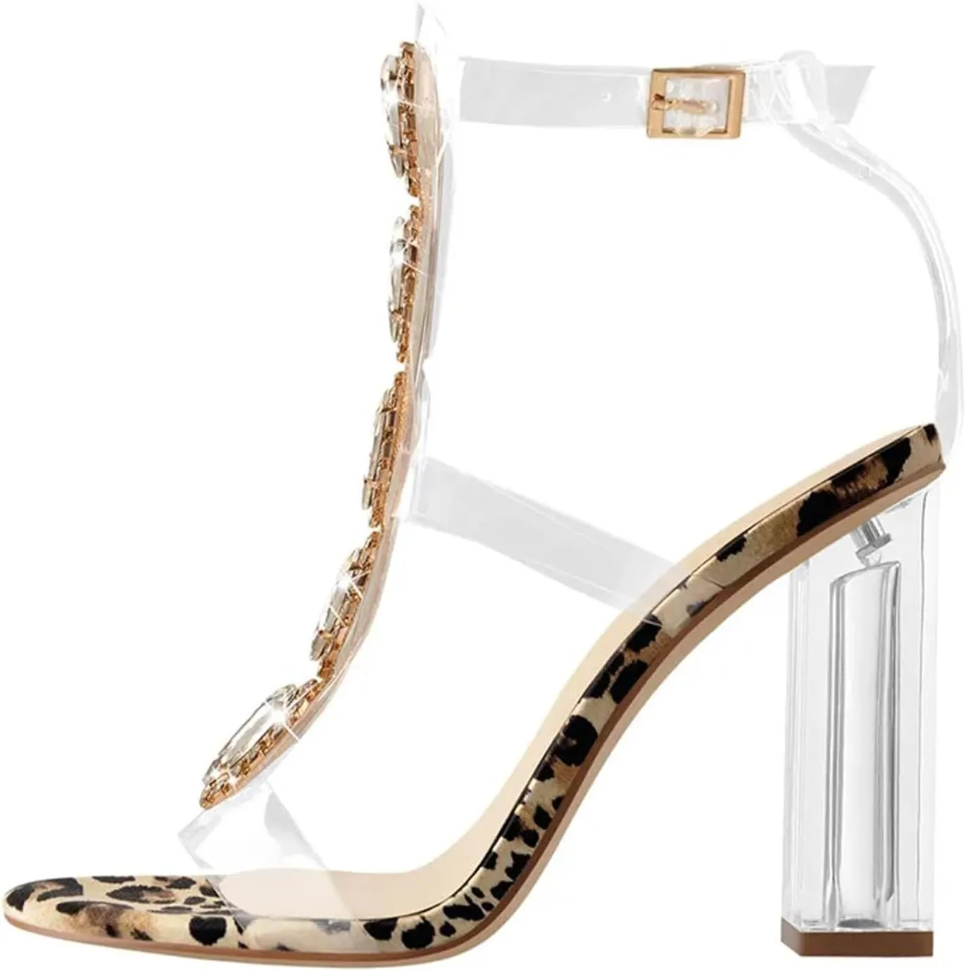 Women's Peep Toe Gladiator Sandals - Clear Chunky Heels with Rhinestones