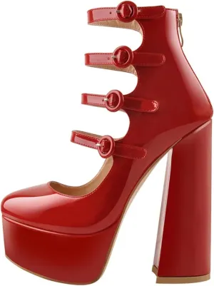 Women's Platform Round Toe Sandals - Chunky Square Heels Red & Nude Ankle Wrap