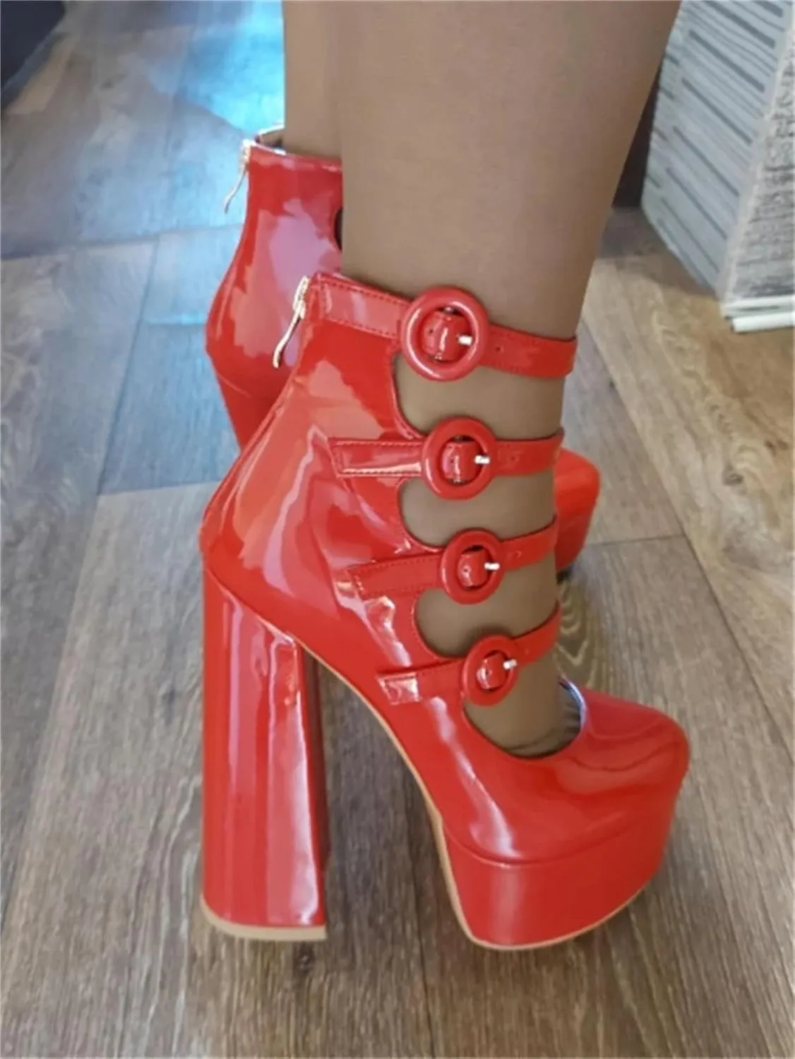 Women's Platform Round Toe Sandals - Chunky Square Heels Red & Nude Ankle Wrap