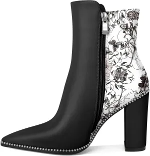 Womens Pointed Toe Beaded Chunky Ankle Boots Side Zipper 3.7 Inches High Heel Short Boots