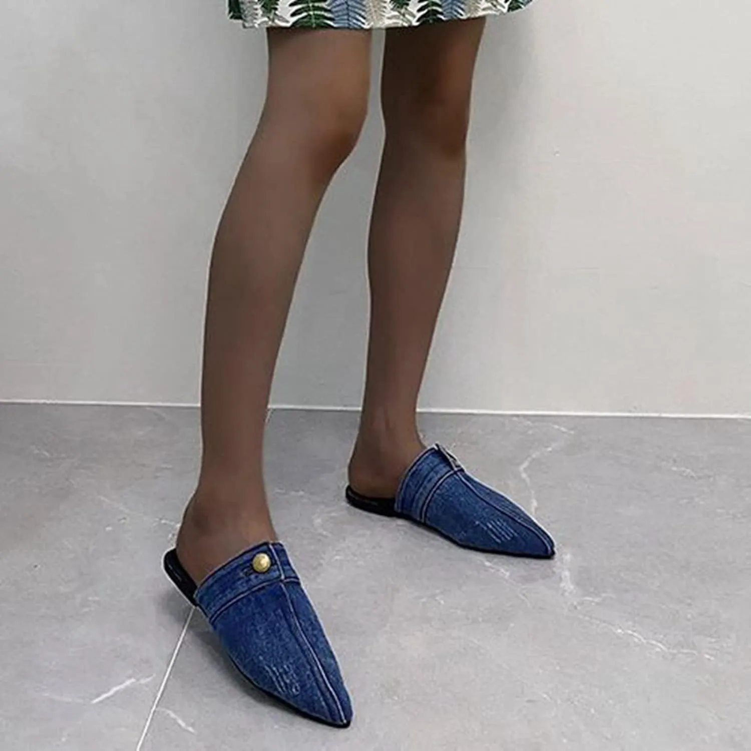 Women's Pointed Toe Denim Flat Mules Comfortable Open Back Slip On Backless Slides Slippers Shoes