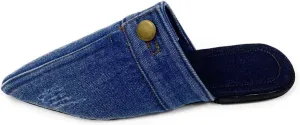 Women's Pointed Toe Denim Flat Mules Comfortable Open Back Slip On Backless Slides Slippers Shoes