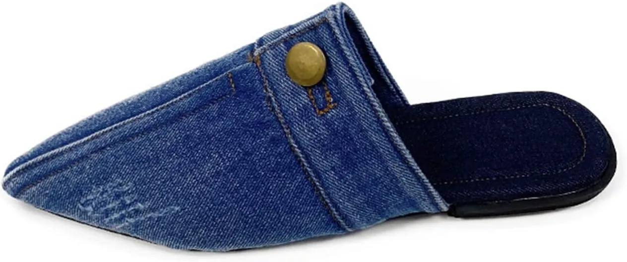 Women's Pointed Toe Denim Flat Mules Comfortable Open Back Slip On Backless Slides Slippers Shoes