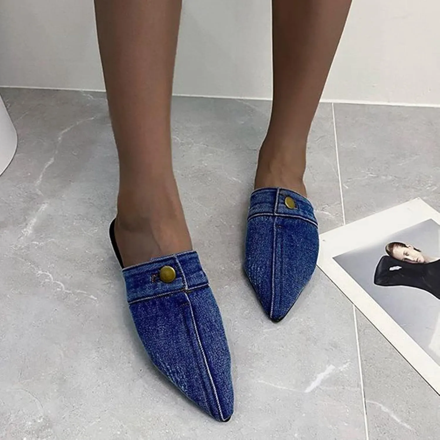 Women's Pointed Toe Denim Flat Mules Comfortable Open Back Slip On Backless Slides Slippers Shoes