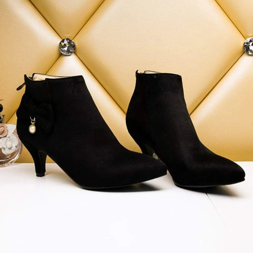 Women's Pointed Toe Dressy Ankle Booties Fashion Bow Kitten Low Heel Comfort Elegant Short Boots