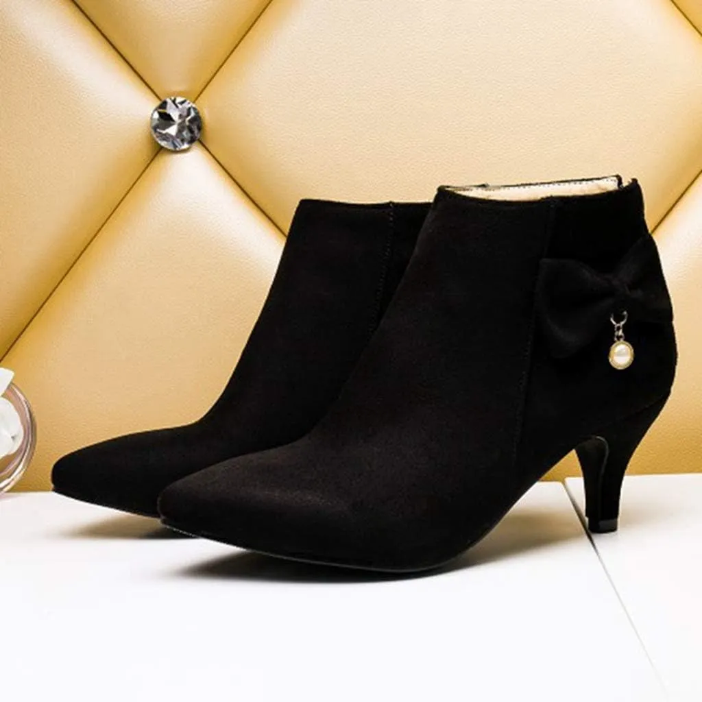 Women's Pointed Toe Dressy Ankle Booties Fashion Bow Kitten Low Heel Comfort Elegant Short Boots
