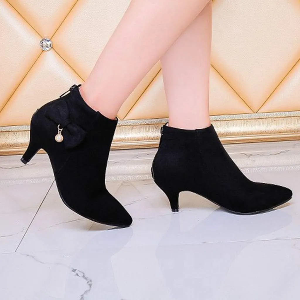 Women's Pointed Toe Dressy Ankle Booties Fashion Bow Kitten Low Heel Comfort Elegant Short Boots
