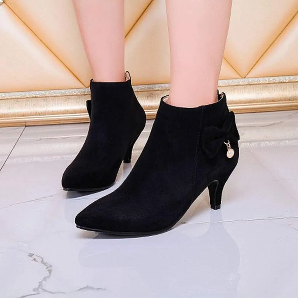 Women's Pointed Toe Dressy Ankle Booties Fashion Bow Kitten Low Heel Comfort Elegant Short Boots