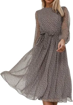 Women's Polka Dot Midi Dress Spring Summer Long Sleeve Crew Neck Casual Loose Pleated Belted Tea Party Dresses S-L