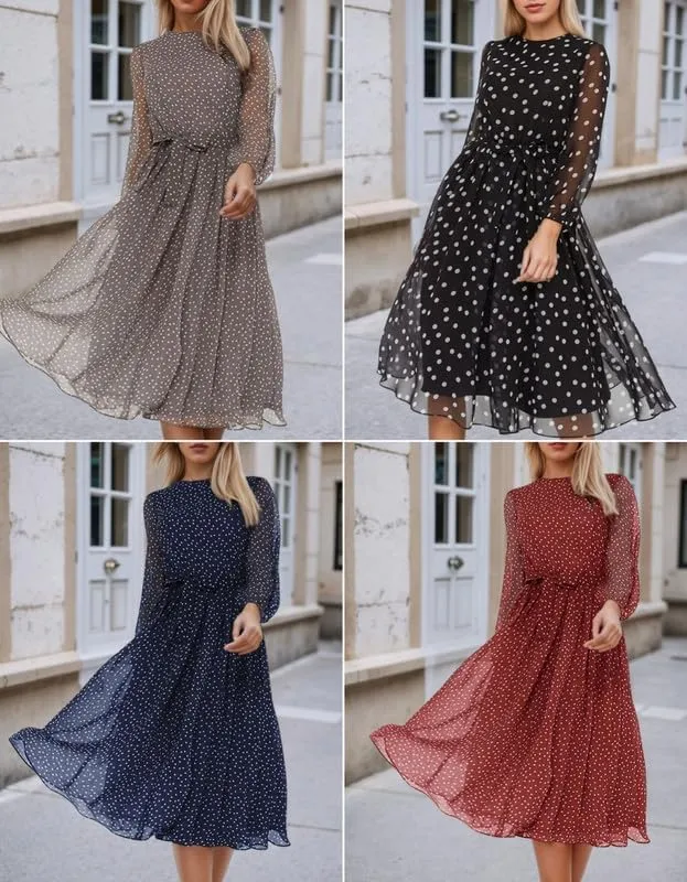 Women's Polka Dot Midi Dress Spring Summer Long Sleeve Crew Neck Casual Loose Pleated Belted Tea Party Dresses S-L
