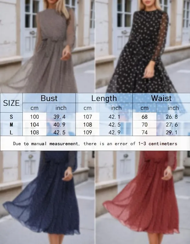Women's Polka Dot Midi Dress Spring Summer Long Sleeve Crew Neck Casual Loose Pleated Belted Tea Party Dresses S-L