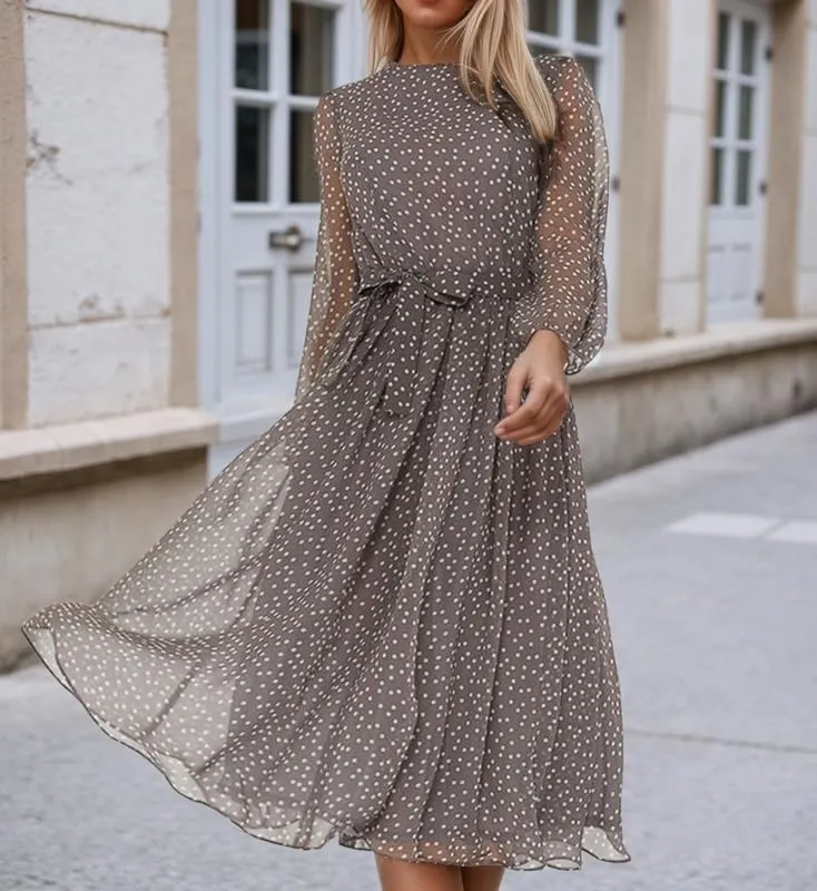 Women's Polka Dot Midi Dress Spring Summer Long Sleeve Crew Neck Casual Loose Pleated Belted Tea Party Dresses S-L