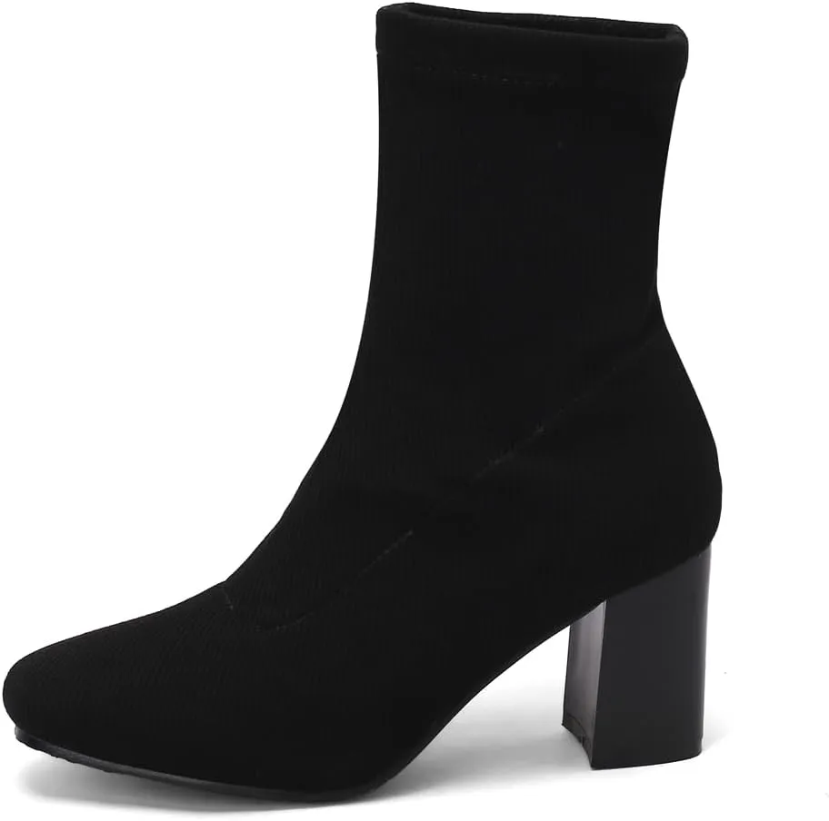Women's Retro Dressy Stretch Fabric Ankle Boots Square Toe Florals Chunky Mid Heel Dressy Short Booties