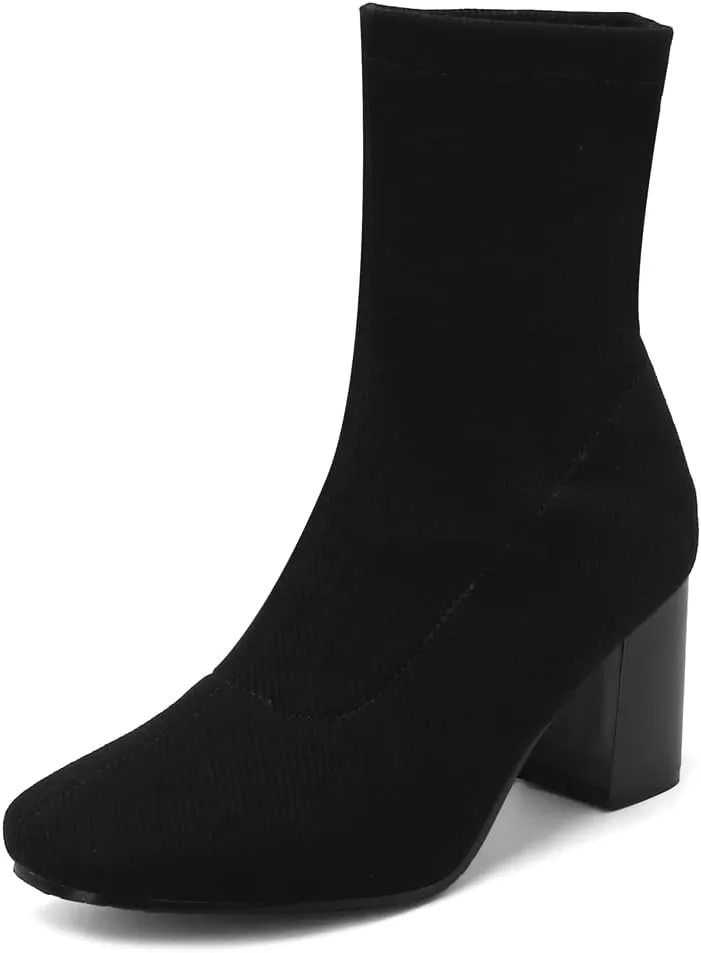 Women's Retro Dressy Stretch Fabric Ankle Boots Square Toe Florals Chunky Mid Heel Dressy Short Booties