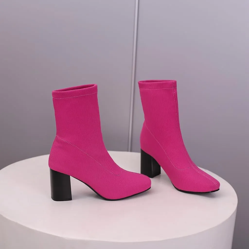 Women's Retro Dressy Stretch Fabric Ankle Boots Square Toe Florals Chunky Mid Heel Dressy Short Booties