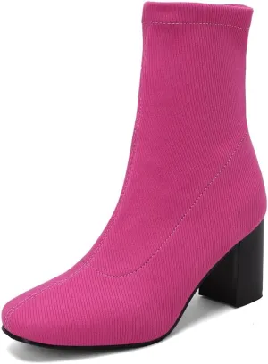 Women's Retro Dressy Stretch Fabric Ankle Boots Square Toe Florals Chunky Mid Heel Dressy Short Booties