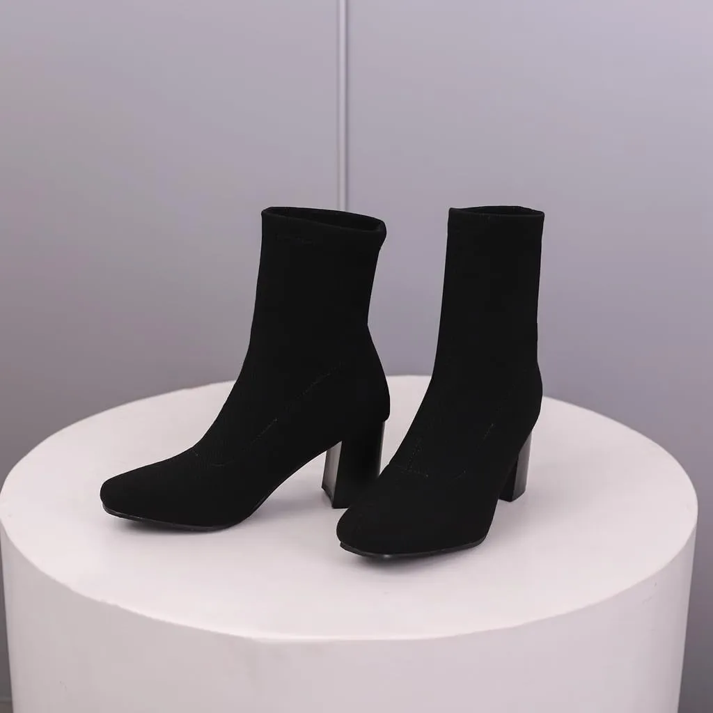 Women's Retro Dressy Stretch Fabric Ankle Boots Square Toe Florals Chunky Mid Heel Dressy Short Booties