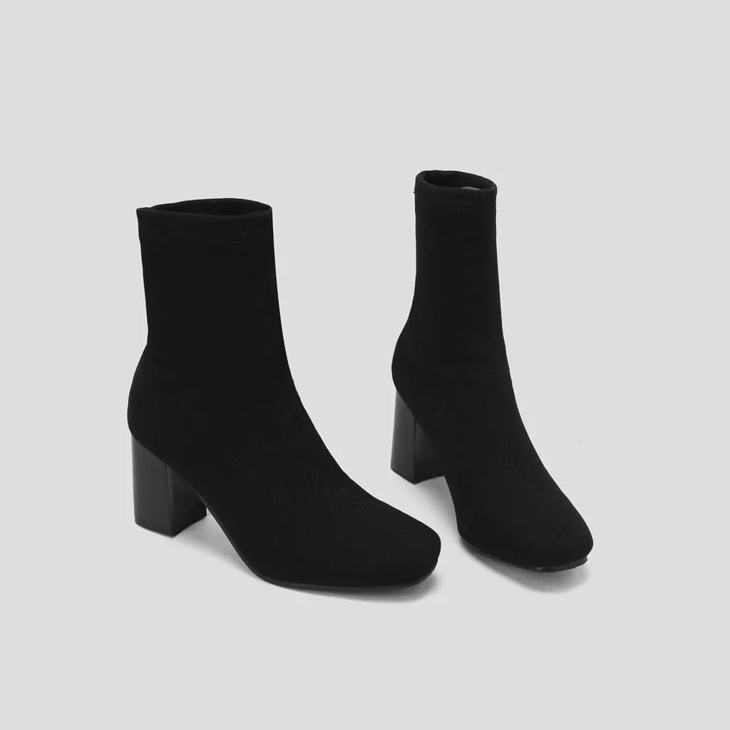 Women's Retro Dressy Stretch Fabric Ankle Boots Square Toe Florals Chunky Mid Heel Dressy Short Booties