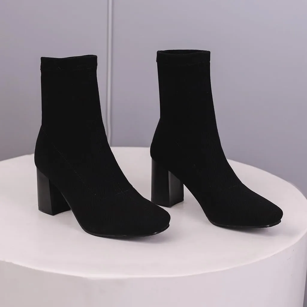 Women's Retro Dressy Stretch Fabric Ankle Boots Square Toe Florals Chunky Mid Heel Dressy Short Booties