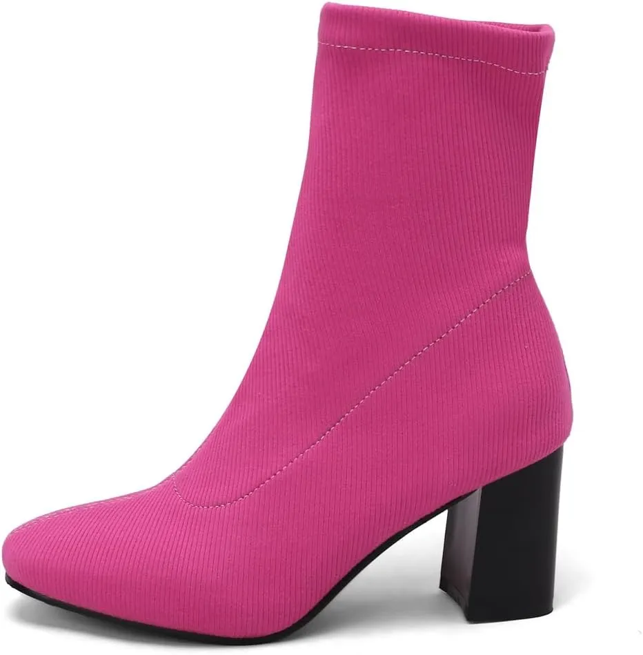 Women's Retro Dressy Stretch Fabric Ankle Boots Square Toe Florals Chunky Mid Heel Dressy Short Booties