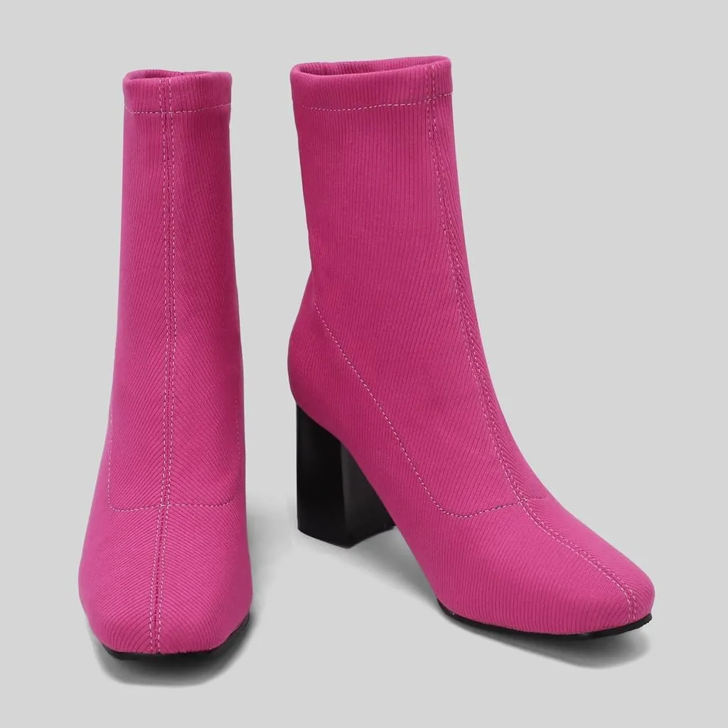 Women's Retro Dressy Stretch Fabric Ankle Boots Square Toe Florals Chunky Mid Heel Dressy Short Booties