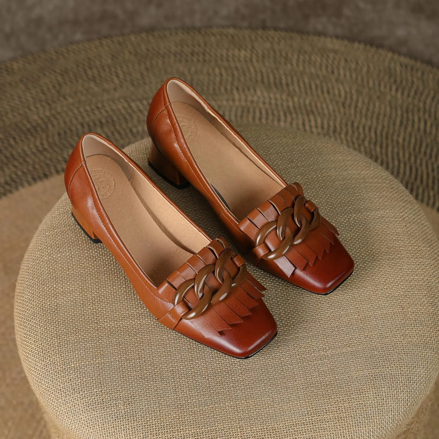 Women's Retro Loafers Shoes Genuine Leather Square Toe Heeled Loafers for Women Slip on Chunky Heel with Chain Tassels Handmade