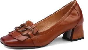Women's Retro Loafers Shoes Genuine Leather Square Toe Heeled Loafers for Women Slip on Chunky Heel with Chain Tassels Handmade