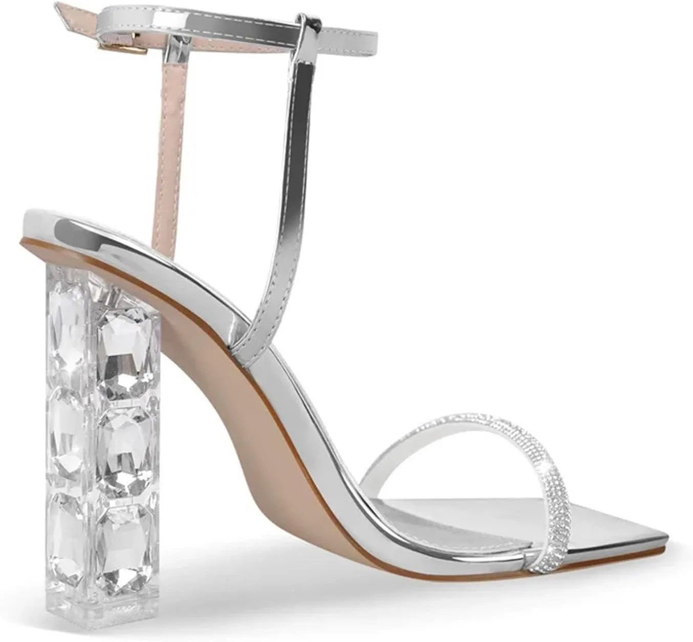 Women's Rhinestone Ankle Strap Sandals - Chunky High Heel Bling Shiny Elegant