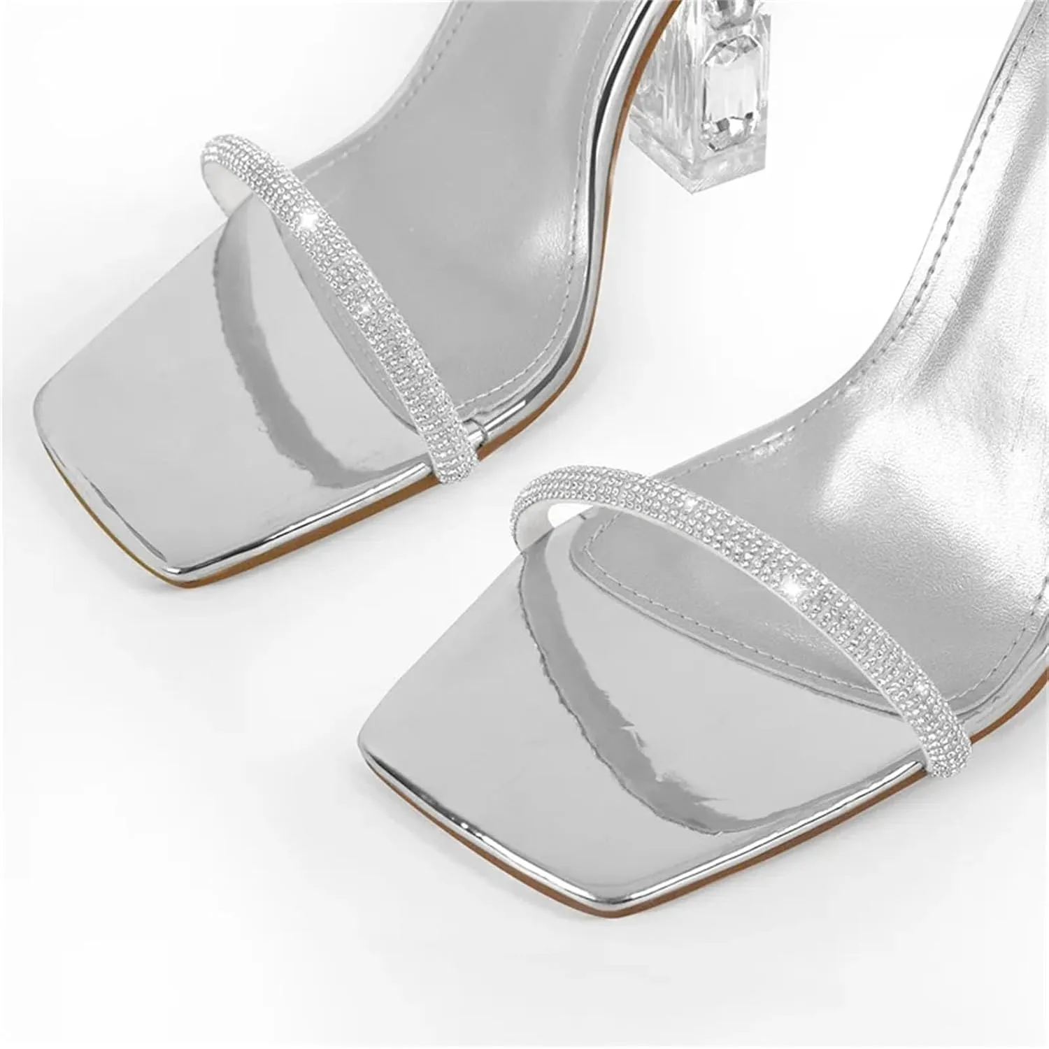 Women's Rhinestone Ankle Strap Sandals - Chunky High Heel Bling Shiny Elegant