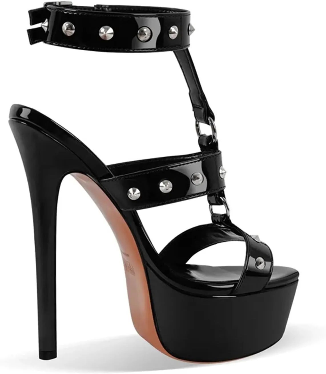 Women's Rivet-Studded Heels - T-Strap Open Toe Platforms