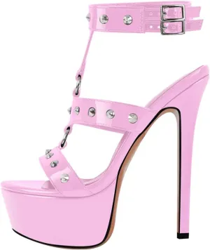 Women's Rivet-Studded Heels - T-Strap Open Toe Platforms