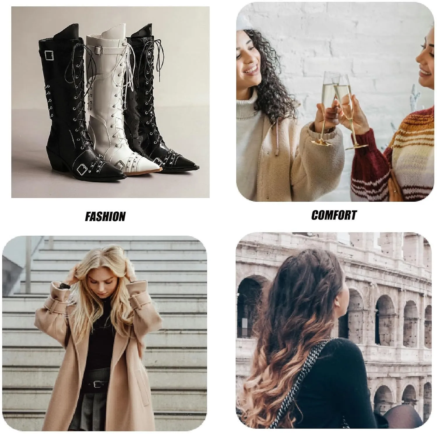 Women'S Rivets Satin Ribbon Gothic Knee Boots With Chain Fashion Pointed Toe Buckle Strap Block Heel Punk Mid Calf Boots Chelsea Combat Boots