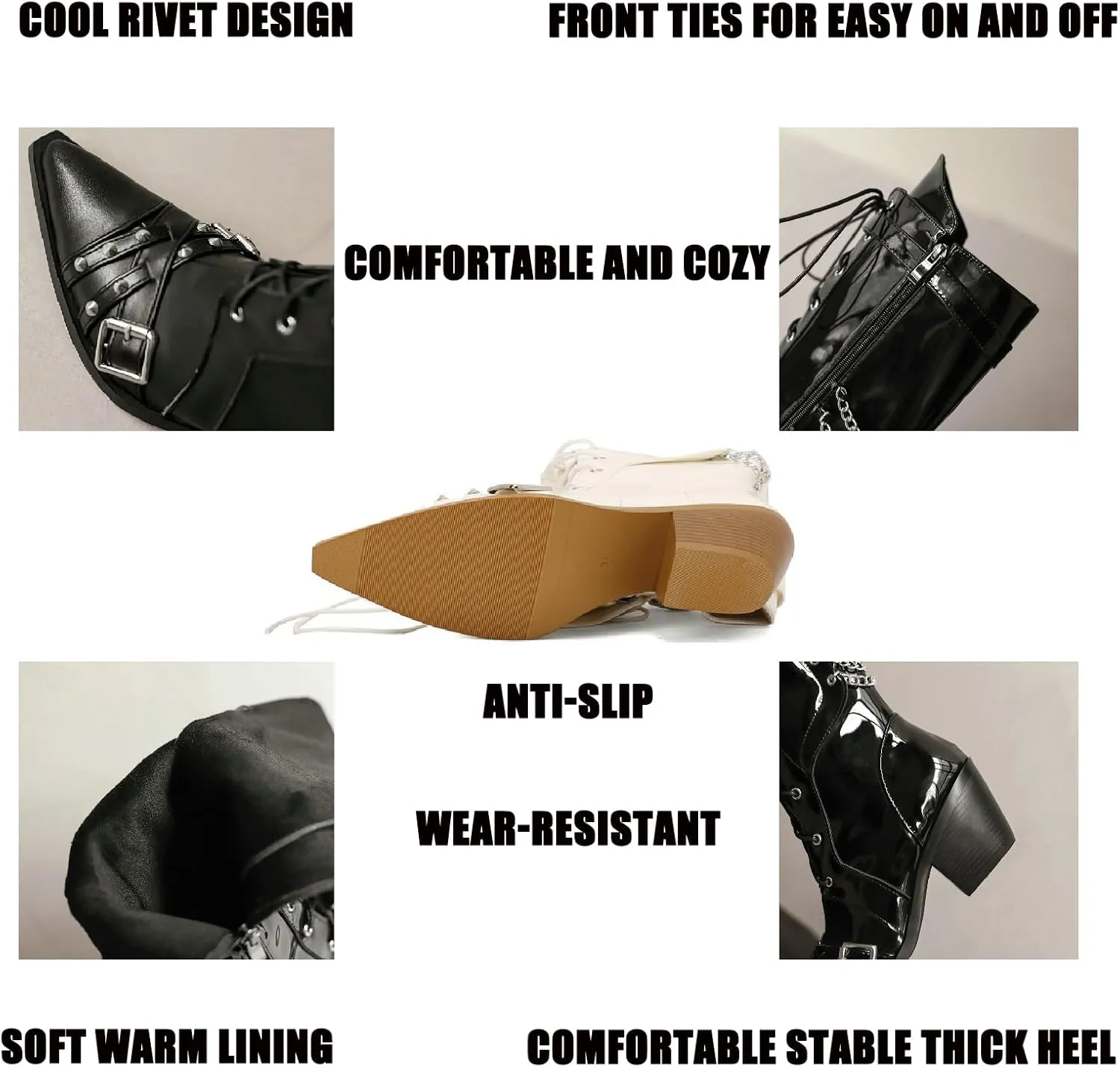 Women'S Rivets Satin Ribbon Gothic Knee Boots With Chain Fashion Pointed Toe Buckle Strap Block Heel Punk Mid Calf Boots Chelsea Combat Boots