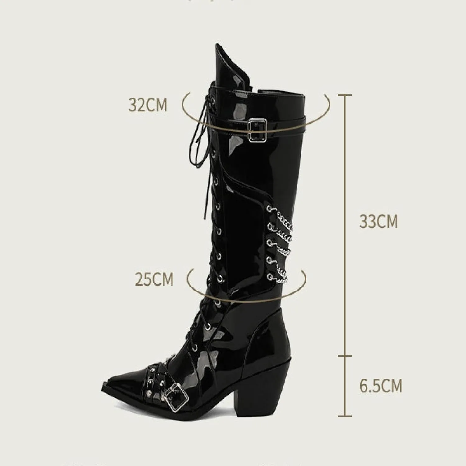 Women'S Rivets Satin Ribbon Gothic Knee Boots With Chain Fashion Pointed Toe Buckle Strap Block Heel Punk Mid Calf Boots Chelsea Combat Boots