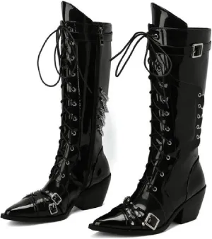 Women'S Rivets Satin Ribbon Gothic Knee Boots With Chain Fashion Pointed Toe Buckle Strap Block Heel Punk Mid Calf Boots Chelsea Combat Boots