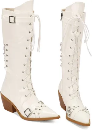 Women'S Rivets Satin Ribbon Gothic Knee Boots With Chain Fashion Pointed Toe Buckle Strap Block Heel Punk Mid Calf Boots Chelsea Combat Boots