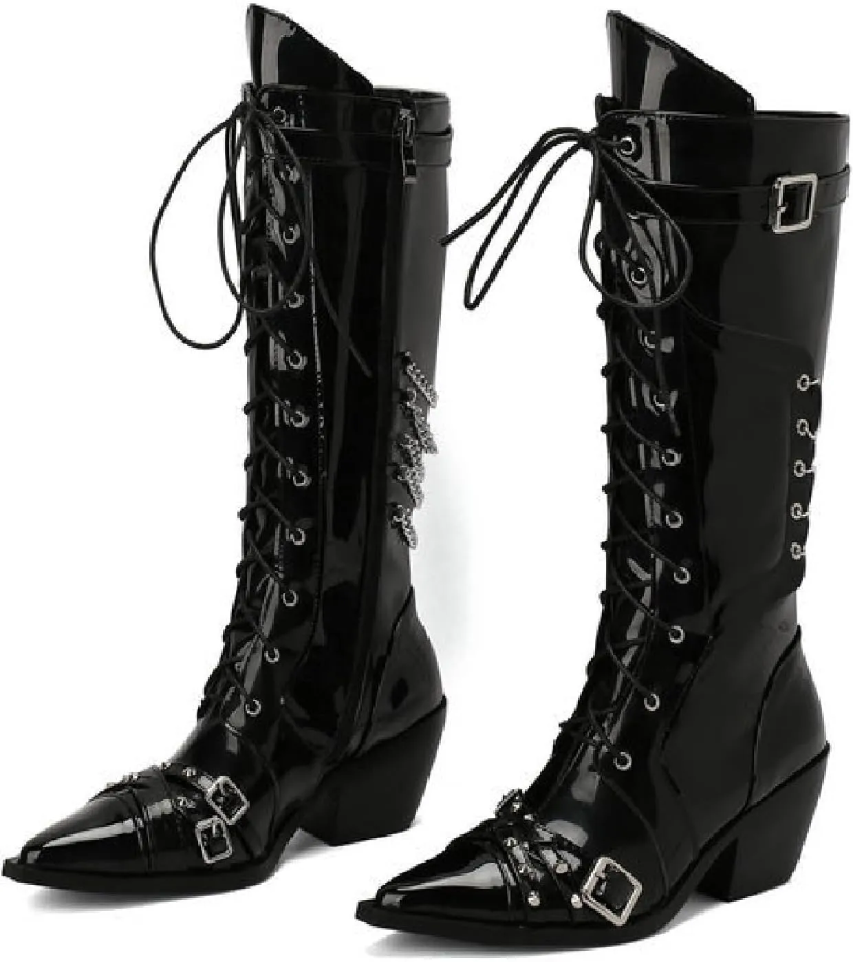 Women'S Rivets Satin Ribbon Gothic Knee Boots With Chain Fashion Pointed Toe Buckle Strap Block Heel Punk Mid Calf Boots Chelsea Combat Boots