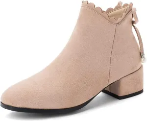 Women's Round Toe Dressy Ankle Boots Vegan Suede Side Zipper Block Low Heels Bow Dress Short Booties