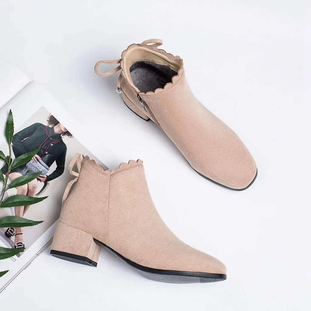 Women's Round Toe Dressy Ankle Boots Vegan Suede Side Zipper Block Low Heels Bow Dress Short Booties