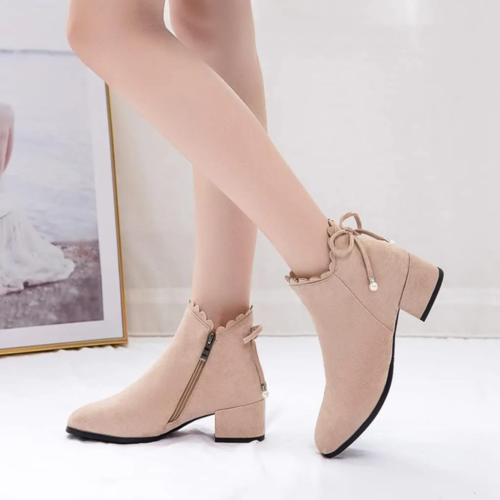 Women's Round Toe Dressy Ankle Boots Vegan Suede Side Zipper Block Low Heels Bow Dress Short Booties