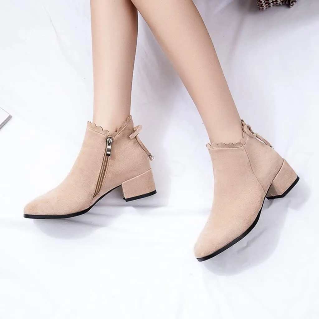 Women's Round Toe Dressy Ankle Boots Vegan Suede Side Zipper Block Low Heels Bow Dress Short Booties