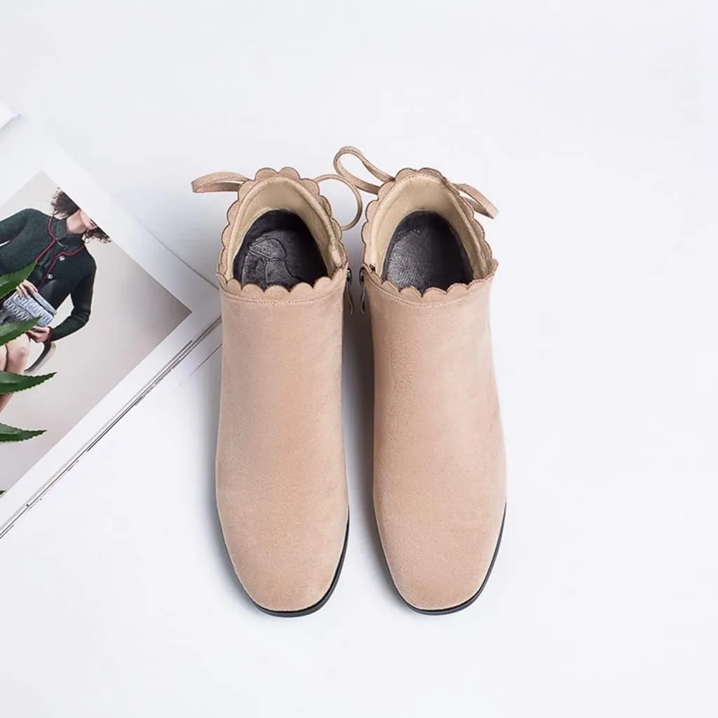 Women's Round Toe Dressy Ankle Boots Vegan Suede Side Zipper Block Low Heels Bow Dress Short Booties