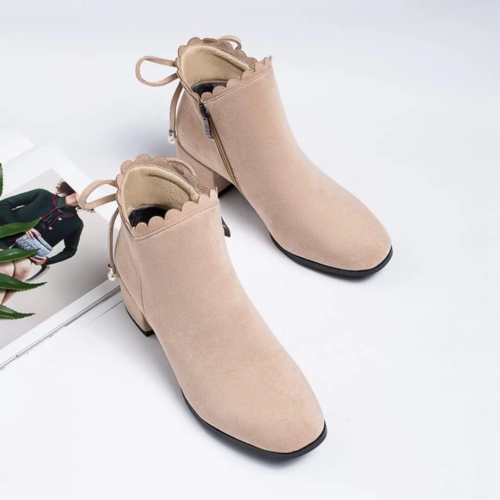 Women's Round Toe Dressy Ankle Boots Vegan Suede Side Zipper Block Low Heels Bow Dress Short Booties