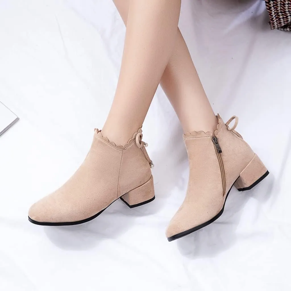 Women's Round Toe Dressy Ankle Boots Vegan Suede Side Zipper Block Low Heels Bow Dress Short Booties
