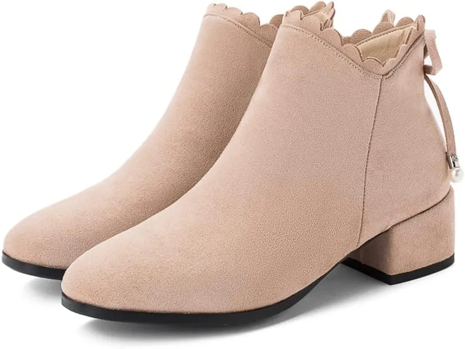 Women's Round Toe Dressy Ankle Boots Vegan Suede Side Zipper Block Low Heels Bow Dress Short Booties