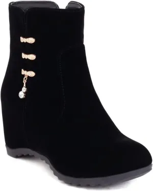 Women's Round Toe Wedge Ankle Boots Elastic Side Panel Chunky Hidden Heel Booties Dressy Short Boot