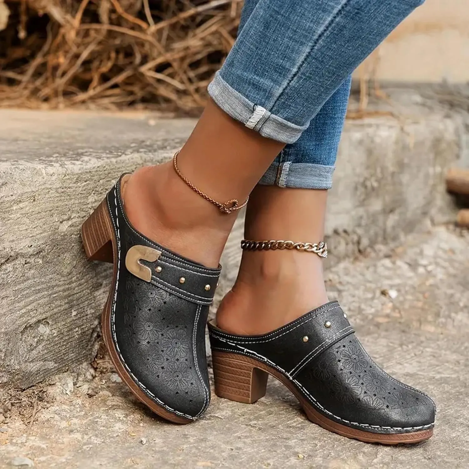 Women's Sandal Heels,Two Strap Open Toe Platform Slip-on Chunky Heels Sandals For Women Comfortable Walking Casual Dressy Summer Mules Shoes