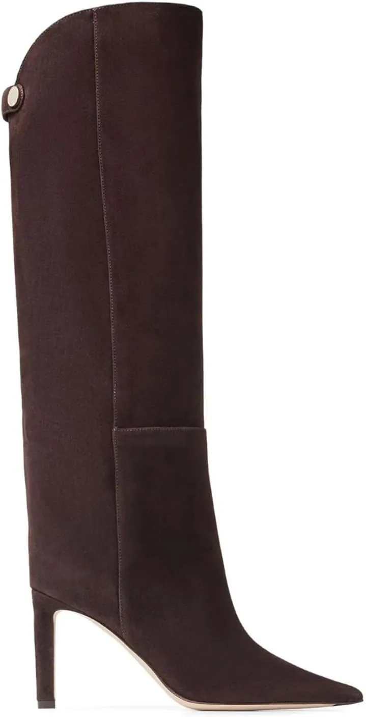 Women's Sexy Knee High Boots Stiletto Pointed Toe Tall Boots Wide Calf Leather Riding Boots Winter