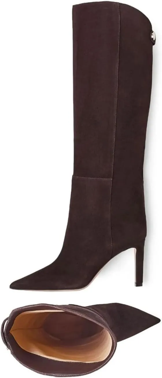 Women's Sexy Knee High Boots Stiletto Pointed Toe Tall Boots Wide Calf Leather Riding Boots Winter